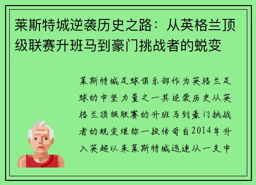 莱斯特城逆袭历史之路：从英格兰顶级联赛升班马到豪门挑战者的蜕变