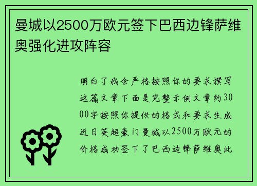 曼城以2500万欧元签下巴西边锋萨维奥强化进攻阵容